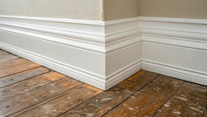 Poster - The clean lines of the stacked crown molding in the corner juxtaposed against the wear of the old floor telling a story of both past and future.