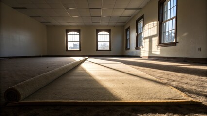 Poster - The carpet padding rests in a ghostly silence within the empty room with sunlight reflecting off its surface creating a sense of anticipation for the new beginnings of the space.