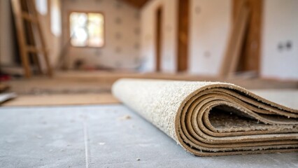 Poster - The carpet padding nestled neatly in an empty corner is captured with a shallow depth of field causing the background to fade into a blur of unfinished renovation cues.