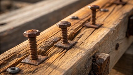 Poster - The camera captures a closeup of rusted nails and screws securing the wooden beams with the rough texture of the wood contrasting against the shiny metal evoking a sense of