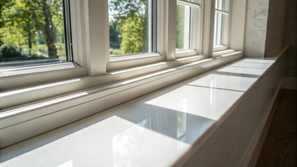 Aufkleber - The beautiful interplay of sunlight and shadow accentuates the smoothness of the caulk along the window sill evoking a sense of tranquility within the renovated space.