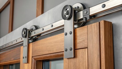 Poster - The camera captures a detailed closeup of the hardware expected to support the sliding doors nestled within the wooden frames. The sleek metal contrasts with the warmth of the wood