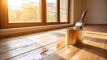 Poster - Sunlight filters in from a nearby window illuminating the newly sanded floors warm tones. A paintbrush lies immersed in a container of varnish creating a striking focal point in