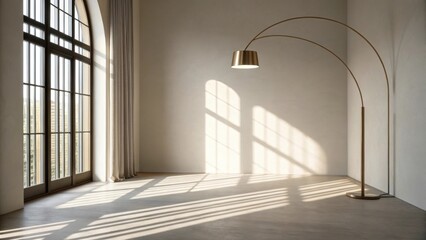 Poster - Subtle shadows from an elegant arched floor lamp stretch across the empty room illuminating the space with a soft gentle light that beckons warmth into the minimalist design.