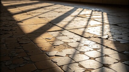 Aufkleber - Sunlight casts gentle shadows on the irregularly shaped peeling remnants of the old floor tiles contrasting with the smooth raw underlayment that lies beneath.