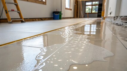 Poster - Spilled adhesive glimmering under ambient light spreading in a thin layer on the pristine floor highlighting the precise moment of creative chaos amidst the ongoing renovation.