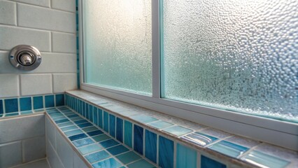 Poster - Sparkling rectangular tiles in various shades of blue create a tranquil vibe while a brushed nickel drain reflects the soft light filtering through the frosted glass partition.