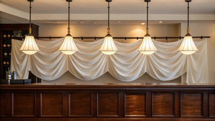 Poster - Soft white fabricdraped pendant lights graciously hover over a rich mahogany countertop creating a warm cozy ambiance while highlighting the woods deep hues.