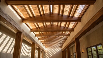 Poster - Soft light streaming through the gaps between the beams illuminating the space and casting delicate shadows on the ceiling enhancing the sense of openness above.