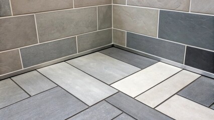Poster - Sleek monochromatic tiles in various shades of gray are carefully arranged in a corner embodying a minimalist aesthetic with their clean lines and surfaces.