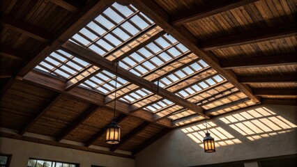 Poster - Shadows dance across the ceiling as the camera captures the interplay of light through a skylight highlighting the rugged beauty of the exposed beams.