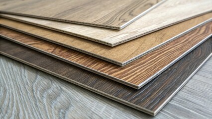 Aufkleber - Macro shot of a stack of durable vinyl tiles each with a woodlike finish highlighting the fine grain details and natural textures that mimic real wood.