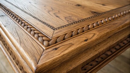 Poster - Macro shot of a beautifully textured wooden panel revealing intricate knots and grain patterns its edges lightly reflecting the soft ambient light of the corner space.