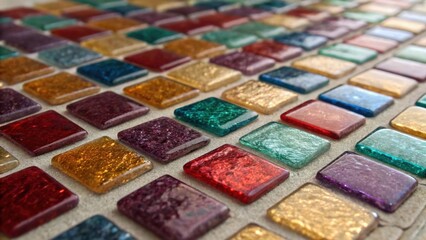 Poster - Macro shot of a mosaic tile arrangement featuring tiny glass pieces in rich jewel tones capturing tered light and creating a dazzling effect on a neutral surface underneath.