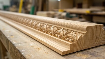 Poster - Macro shot of a raw unfinished edge of the molding capturing the natural beauty of the wood grain alongside the artistically carved accents providing a glimpse of the materials