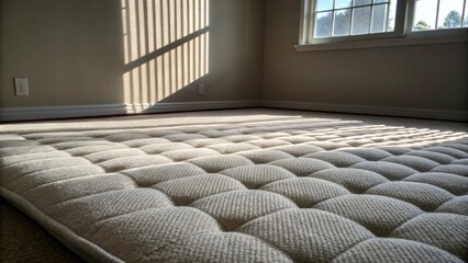Poster - Light plays off the creased surface of the carpet padding creating subtle highlights and shadows that emphasize its cushiony surface amidst the starkness of the room.