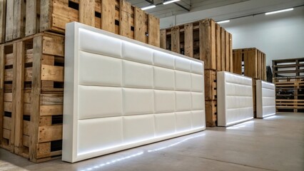 Poster - Luminous white wall panels with a satin finish are p against a backdrop of raw wooden crates providing a striking contrast of materials.