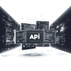 Poster - Futuristic digital representation of API technology with data streams and interactive displays.