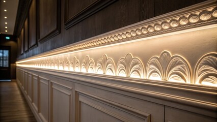Poster - Intimate peek at a narrow strip of decorative molding displaying an elegant scalloped design bathed in a soft morning light that highlights its contours against the darker wall