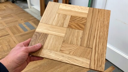 Aufkleber - Highresolution image of a hand holding a wooden parquet piece with the unique grains and textures visible showcasing the beauty of the material before installation.