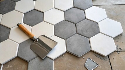 Aufkleber - Inprogress installation of hexagonal tiles featuring some misaligned pieces and visible space for grout with a trowel resting nearby indicating the ongoing work.