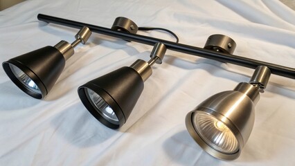 Aufkleber - Elegant track lighting fixtures with adjustable heads showcasing a combination of matte black and brushed nickel finishes resting on a bright white sheet.