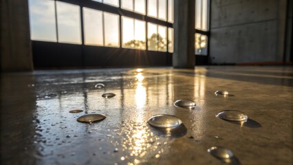 Aufkleber - Droplets of water rest on the shiny concrete floor creating a beautiful interplay of reflections as sunlight filters through a nearby window.