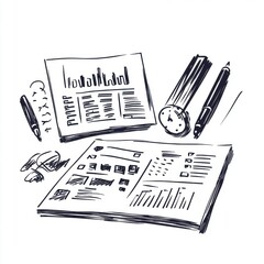 Poster - A sketch of analysis reports and office supplies, highlighting a workspace with charts and a clock.