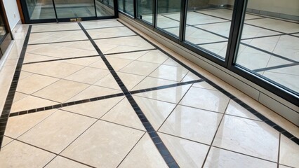 Aufkleber - Dark grout lines contrast against a lightcolored tile floor where the glass enclosure will stand showcasing a clean and contemporary aesthetic.