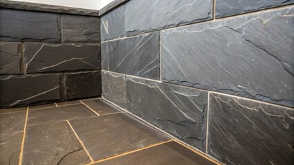Poster - Dark slate tiles with uneven edges create a dramatic contrast as they lean in a corner enhancing the architecture with their raw texture.