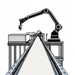 Poster - A black and white illustration of an industrial robot arm in a factory setting, highlighting automation and precision.
