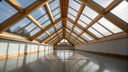 Poster - Crisp lines of wood surround the skylight with the protective plastic sheeting casting interesting shadows that dance on the surface of the polished floor as daylight filters in.