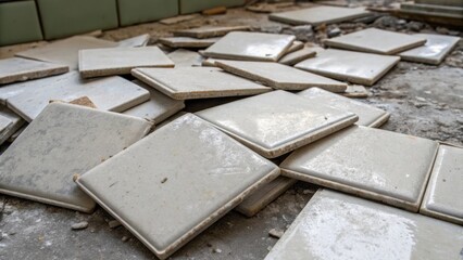 Poster - Cracked porcelain tiles dusty and aged sit in a haphazard pile revealing glimpses of their former glossy surfaces now dulled by time and wear surrounded by fragments of concrete