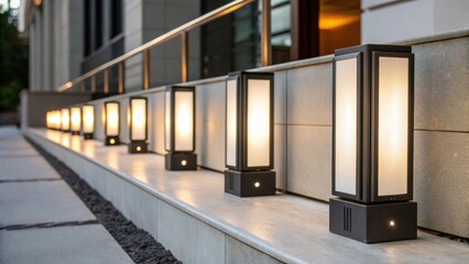 Poster - Compact LED sconces with a contemporary design lined up side by side the polished surfaces highlighting their clean lines and modern aesthetic.