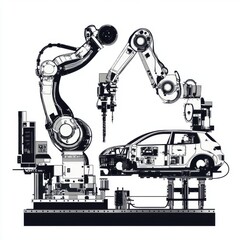 Poster - Illustration of robotic arms assembling a car in a factory setting, showcasing modern technology and automation.