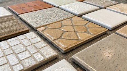 Aufkleber - Clustered together pieces of ceramic tile exhibit a variety of textures and finishes from smooth glazes to rough unfinished surfaces each fragment telling a story of a previous