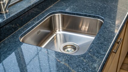 Poster - Closeup view of a stainless steel undermount sink space on a denimcolored stone countertop