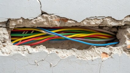 Aufkleber - Closeup view of a section of drywall with jagged edges exposing a of colorful electrical wires intertwined hinting at an ongoing renovation.