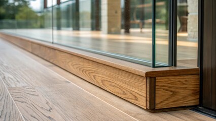 Aufkleber - Closeup of the lower edge of the glass wall showing it resting gently on a wooden threshold with grains of the wood and reflections blending harmoniously.