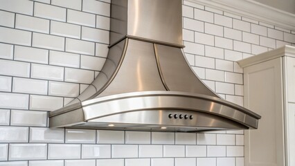Poster - Closeup of the kitchen hood vent featuring a seamless brushed finish and elegant curves positioned on a bed of pristine white subway tiles hinting at its future place in the heart