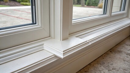 Poster - Closeup of the mitred joints at the corners of the window trim perfectly aligned and seamless exemplifying craftsmanship and attention to detail in the renovation process.