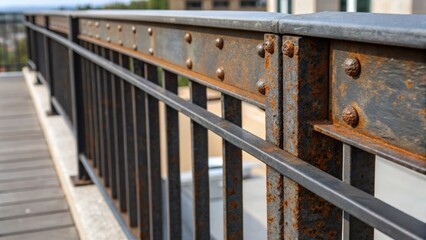 Poster - Closeup of the balcony railings surface showcasing the intricate welds and seams where metal meets revealing a rugged texture dotted with patches of rust.