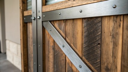 Aufkleber - Closeup of the barn doors edge where rustic wood meets polished metal highlighting the juxtaposition between raw materials and sleek design.