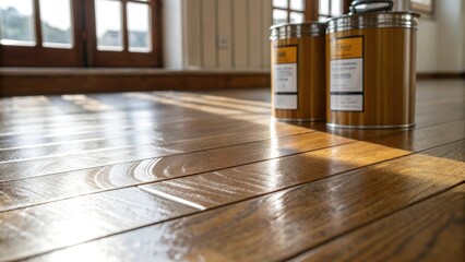 Poster - Closeup of smooth wooden floorboards glistening under natural light revealing subtle patterns in the wood. Halfempty varnish containers stand adjacent their metallic labels