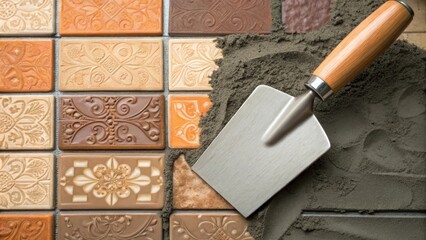 Poster - Closeup of several ceramic tiles in warm earth tones their surfaces reflecting light accompanied by a glistening stainless steel trowel halfburied in a mound of soft gray grout.