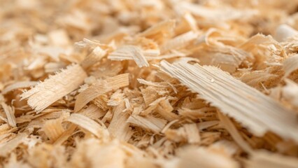 Aufkleber - Closeup of rough textured wood fibers intertwined with a focus on the soft cream and tan colors of the shavings revealing the intricate patterns of grain caught in the fragments.