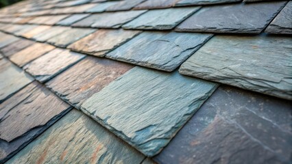 Aufkleber - Closeup of textured weathered slate tiles their rugged surfaces and cool colors creating an organic feel arranged in a way that hints at the rustic atmosphere they will evoke once