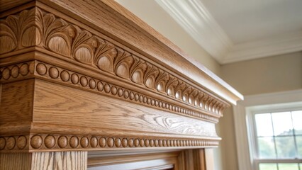 Aufkleber - Closeup of detailed wood grain textures on the stacked crown molding illuminated by natural light streaming through a nearby window.