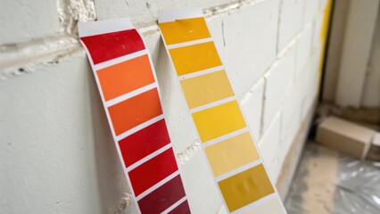Poster - Closeup of peeling tape corners holding a series of matte and glossy paint samples against a blank unfinished wall revealing the stark contrast between the swatches colors and the