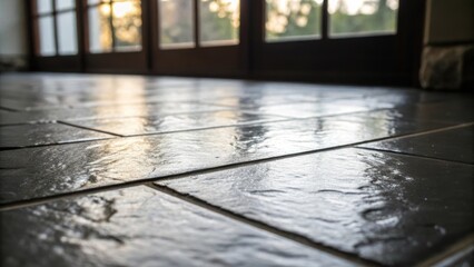 Aufkleber - Closeup of floor tiles their glossy surface reflecting a pool of light from the window showcasing the simple beauty of a blank slate.